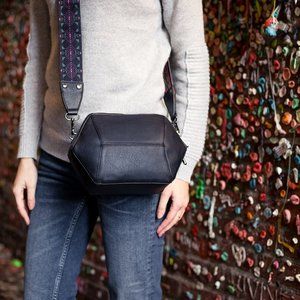 Black Crossbody Bag Vegan Leather Shoulder Camera Bag Geometric Purse Minimalist